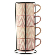 4-pack stoneware stacking mugs, pink and white chevron lines, on black rack
