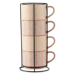 Thyme & Table 4 Pack Stacking Mugs, Pink and White Lines 11.1 fl oz, Stoneware