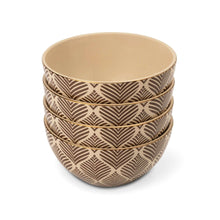 4-pack stoneware cereal bowls with Ocee Leaf pattern, stacked, beige interior, dark leaf outlines