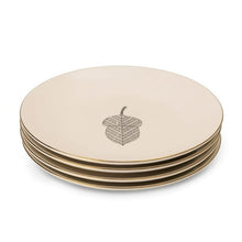Stoneware dinner plates stack, cream with gray leaf medallion center; 4-pack