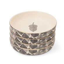 Stoneware low bowls, cream interior with gray leaf pattern, stacked set of 4