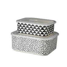 Rectangle ceramic baking dish set with black-and-white dot pattern and matching lids