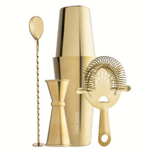 Gold stainless-steel bar tool set: jigger, bar spoon, shaker, citrus strainer