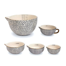 Ceramic mixing bowl set with black dot pattern; includes nested measuring bowls