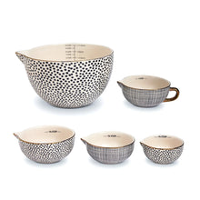 5-piece ceramic mixing and measuring bowl set with black dot pattern