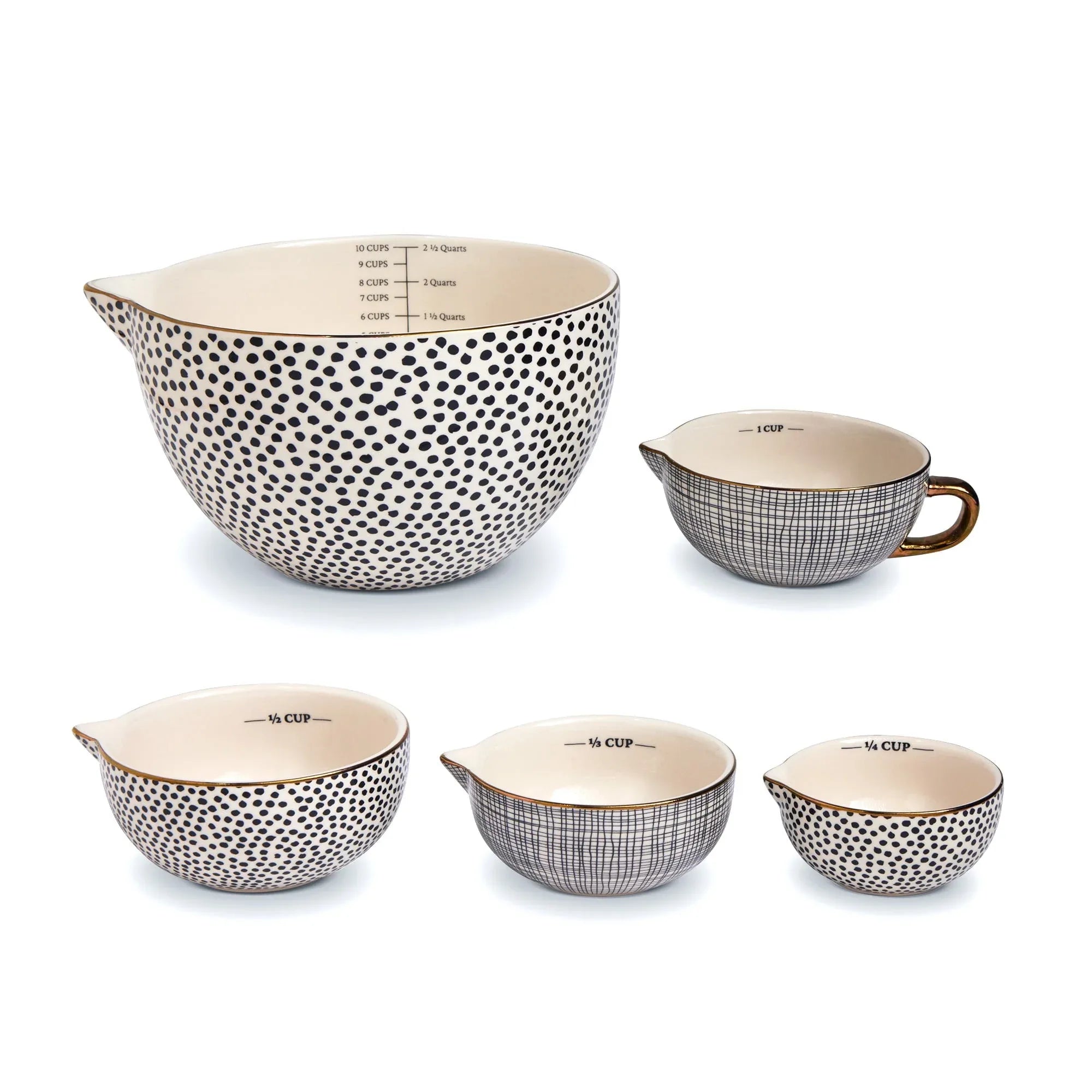 Thyme & Table, 5-Piece Ceramic Mixing Bowl and Measuring Bowl Set, Dot Pattern - USA MEGA SHOP