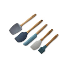 Five-piece silicone kitchen utensil set with beechwood handles, gray and teal tools