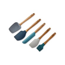 5-piece silicone kitchen utensil set with beechwood handles, blue and teal silicone heads