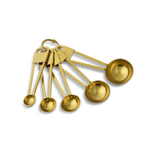 Stainless steel measuring spoon set with five nested gold spoons on ring