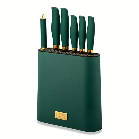 Thyme & Table 7-Piece Slim Block Knife Set with Gold Blades and Blue Block