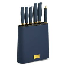 Blue 7-piece knife block set with gold blades and dark handles