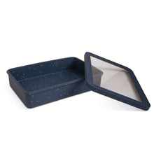Atlantic blue silicone baking dish with speckled finish and hinged lid