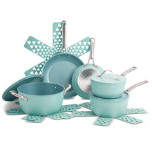 Blue 12-piece non-stick cookware set with lids and handles