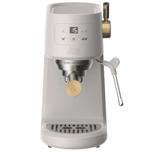 Sand white mini espresso machine with steam wand and gold accents