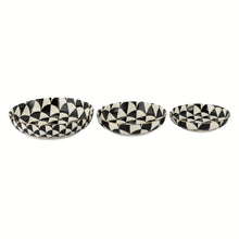 3-piece ceramic nesting low bowls with black-and-white check oval pattern