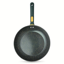 Speckled nonstick fry pan with dark green handle and hanging hole