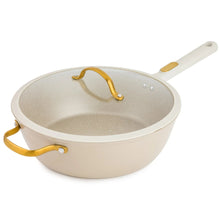 Taupe nonstick sauté pan with gold handles and white grip, granite-speckle interior