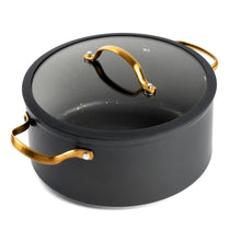Black non-stick stock pot with clear glass lid and gold-tone handles
