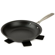 Black non-stick fry pan with stainless handle and rivets