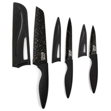 3-piece kitchen knife set with black handles and speckled black blades