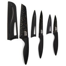 3-piece kitchen knife set with black handles and speckled non-stick blades