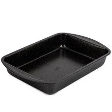 Black nonstick rectangular lasagna pan with sloped corners and speckled finish