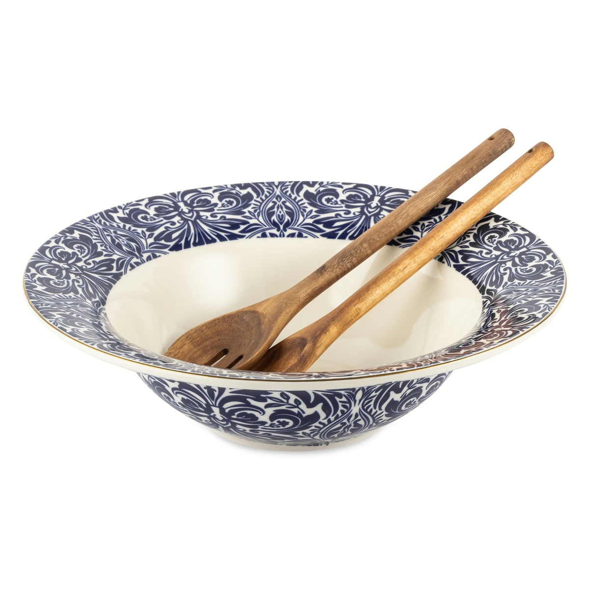 Thyme & Table Nova Ceramic 3-Piece Serve Bowl Navy and White with Wood Serve Utensils