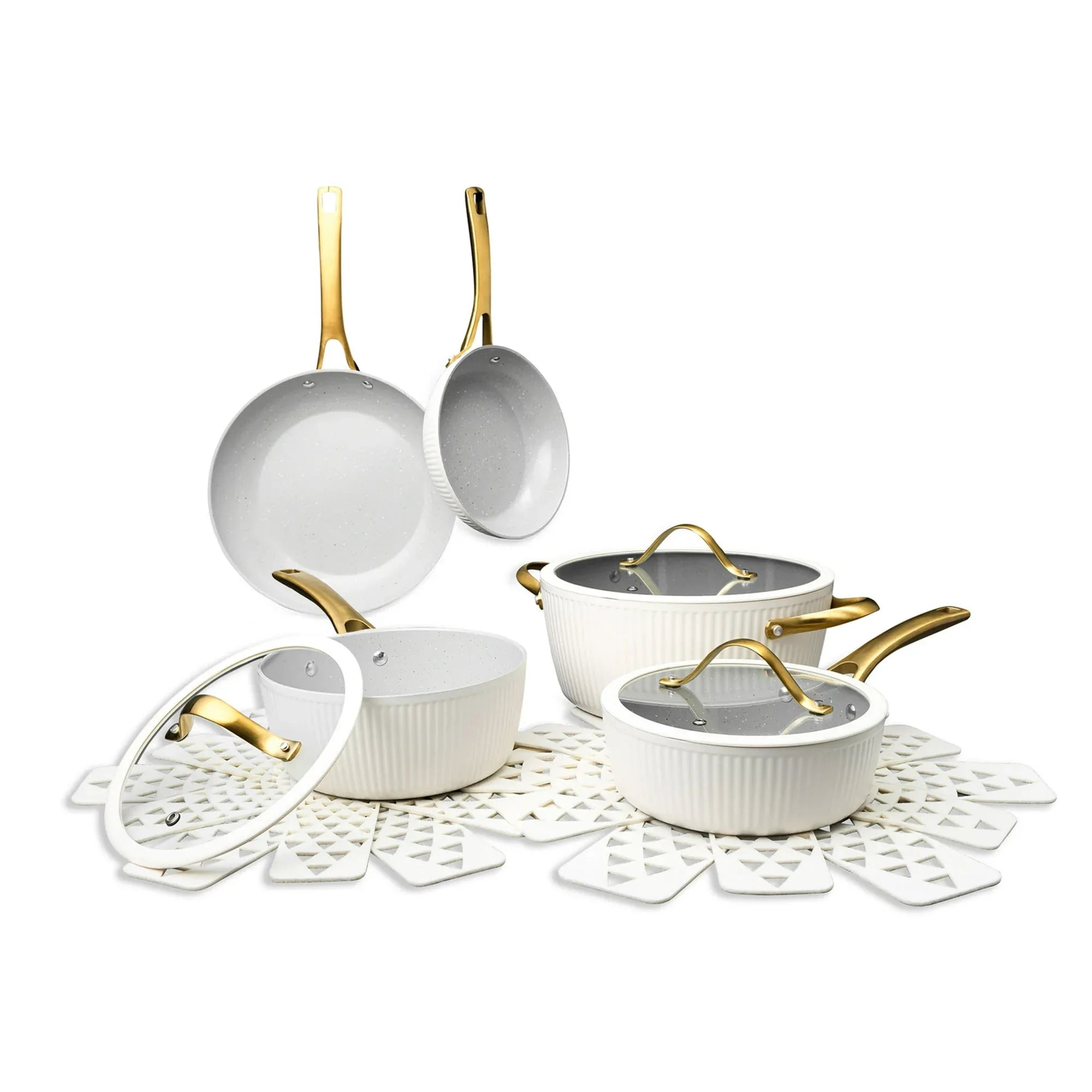 Thyme & Table 12-Piece Ceramic Non-Stick Signature Ribbed Cookware Set, Non-Toxic Pots and Pans Set - Taupe