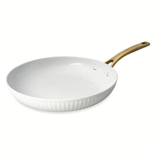 White ribbed ceramic non-stick fry pan with gold handle