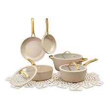 Taupe ceramic nonstick cookware set with ribbed pans and gold-toned handles, 12-piece