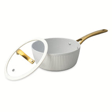 Ribbed non-stick sauce pan with white lid and gold handle, gray interior