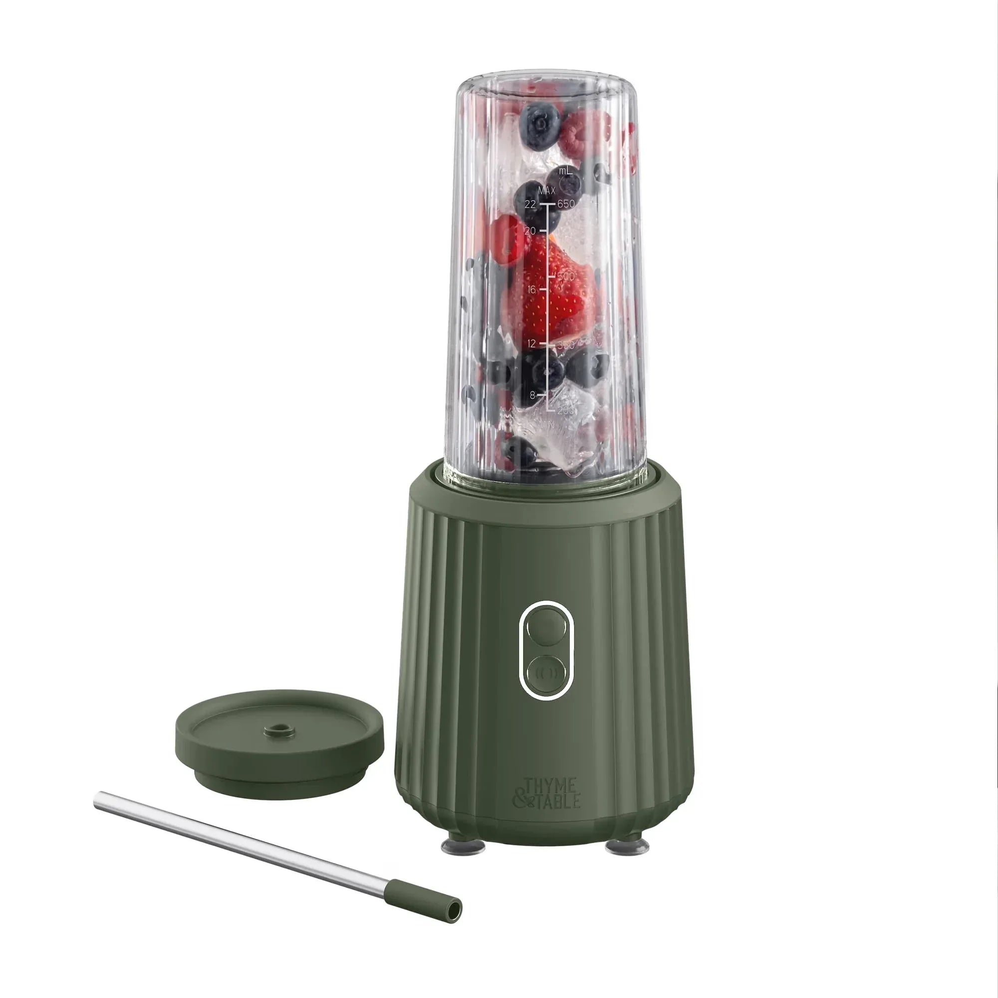 Thyme & Table 900 W 25 oz Single Serve Blender with Tritan Vessel, Smart Seal Lid and Straw, 6-Point Stainless Steel Blade, Sand White