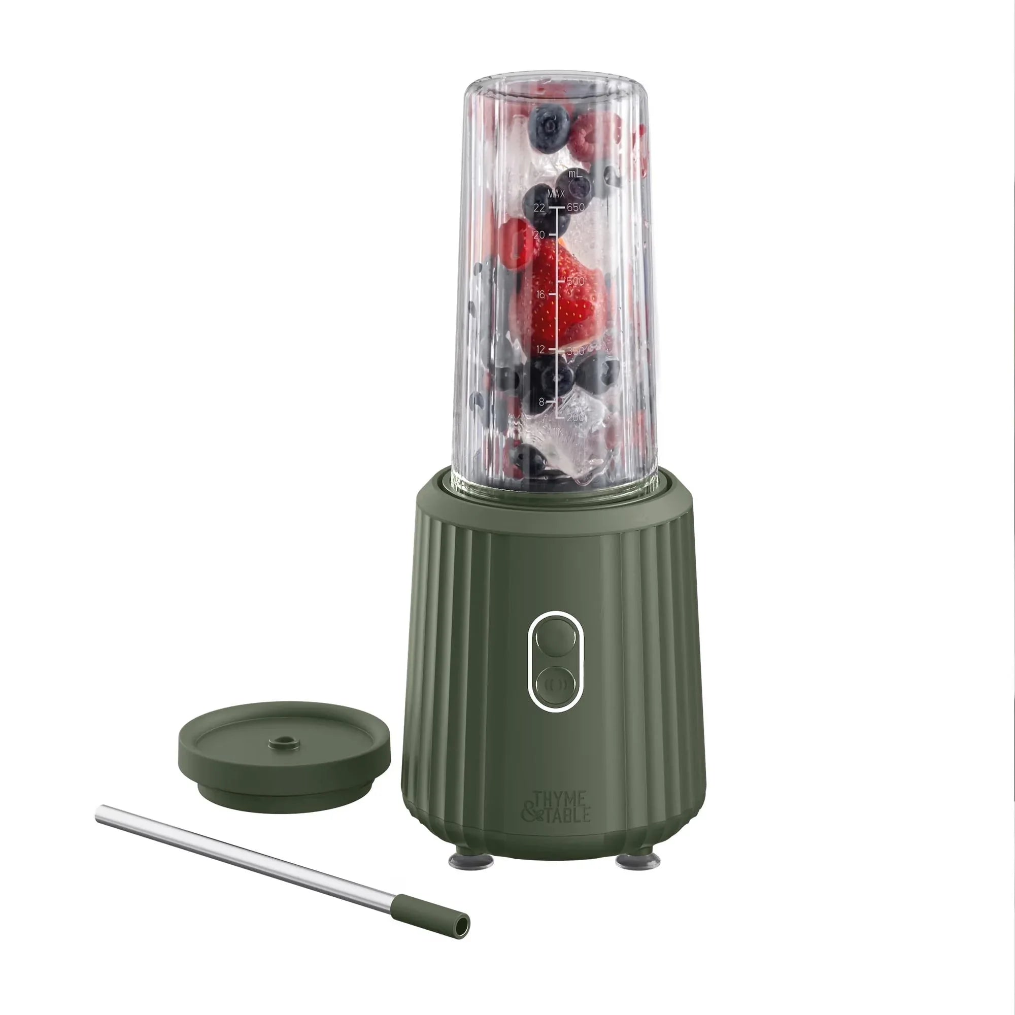 Thyme & Table 900 W 25 oz Single Serve Blender with Tritan Vessel, Smart Seal Lid and Straw, 6-Point Stainless Steel Blade, Sand White - USA MEGA SHOP