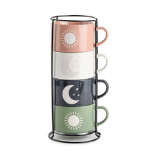 Stackable ceramic coffee mugs set in metal rack, sun and moon designs, four colors