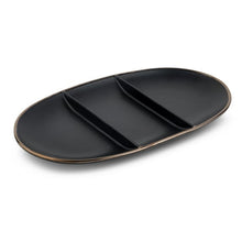 Divided black stoneware serving platter with three sections and gold rim