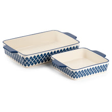 2-piece stoneware bakers with blue pattern and side handles