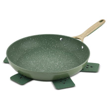 Olive non-stick frying pan with speckled interior, long handle, and base pads