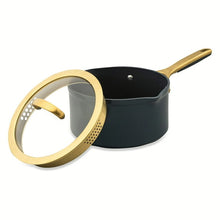 Atlantic blue saucepan with glass lid and gold-tone side handle