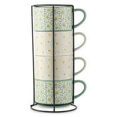 Thyme & Table 11.1 fl oz White and Green Floral Stoneware Stacking Mugs with Wire Rack, Set of 4