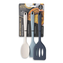 3-piece silicone mini kitchen utensil set with white, light blue, and dark blue tools