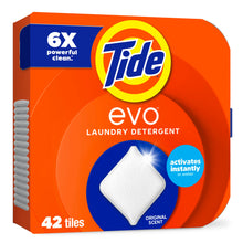 Laundry detergent tiles box, Tide evo, orange package with white tile and 6X badge.