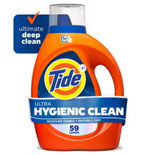 Tide Ultra Hygienic Clean liquid laundry detergent bottle, orange with blue cap and handle