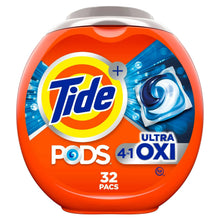Tide PODS Ultra OXI laundry detergent pacs tub, orange container with 32 count label