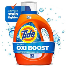 Tide Ultra Oxi Boost liquid detergent bottle, orange with blue cap, 52 loads