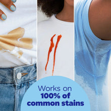Stain-removal graphic showing orange marks on fabric and a detergent tile