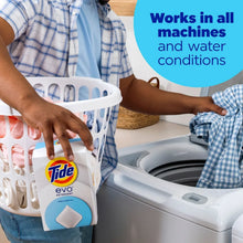 Detergent fiber tile box and white tile being placed into a washing machine