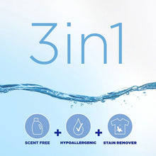 Three-in-one laundry detergent with scent-free, hypoallergenic, and stain remover icons.
