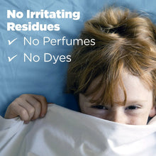 Laundry detergent with no perfumes, no dyes, no residues, child under white blanket.