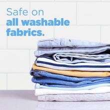 Laundry detergent safe on washable fabrics graphic with a stack of folded clothes