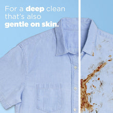 Laundry detergent for deep clean, blue button-up shirt showing stain removal effect.